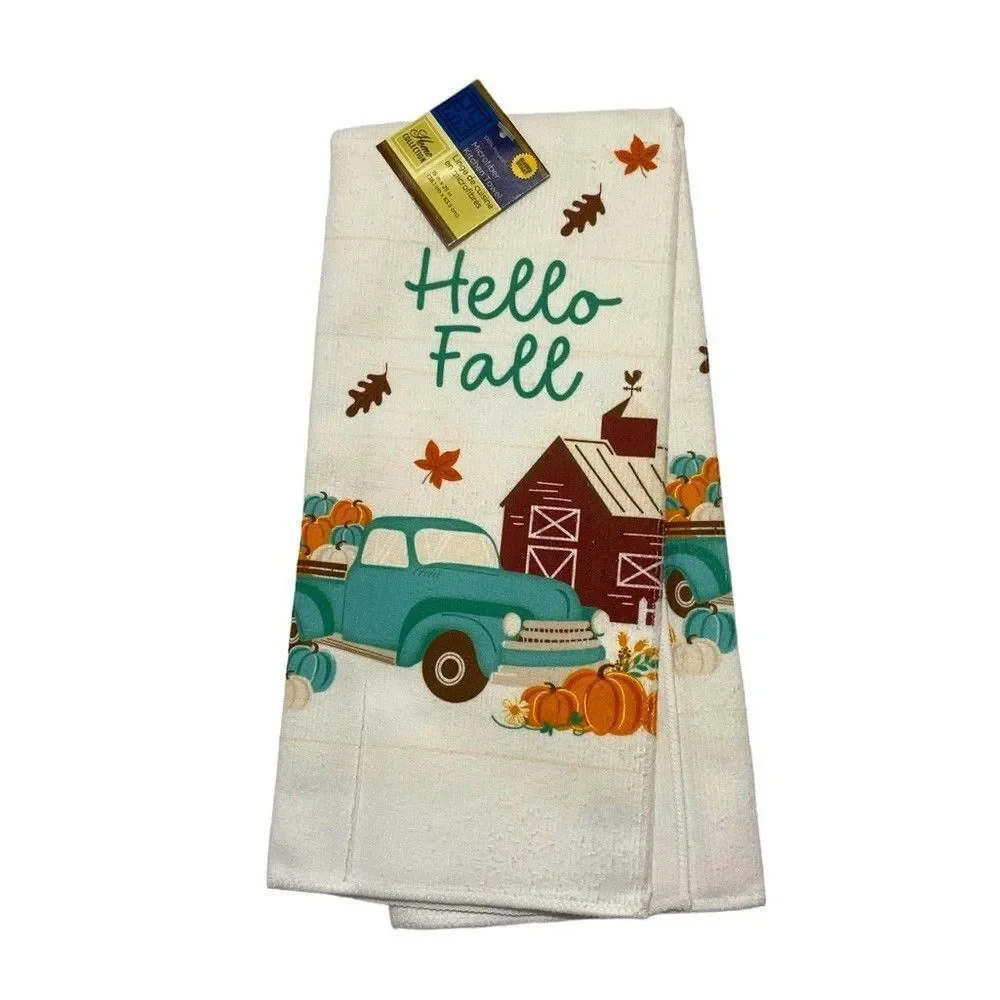NWT Hello Fall Kitchen Linens Towels Pot Holders Thanksgiving Decor 4 Piece Set